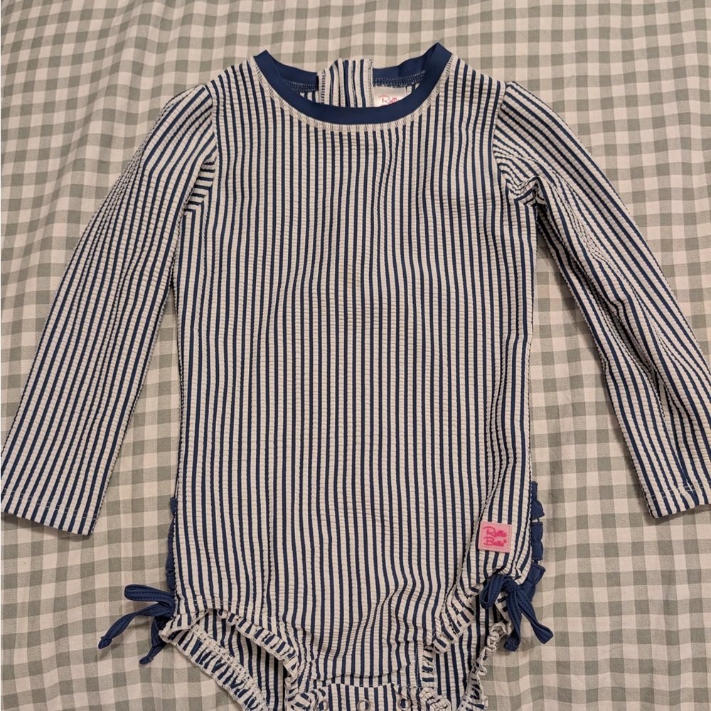 Ruffle Butts Blue and White Striped Rashguard Swimsuit 3T